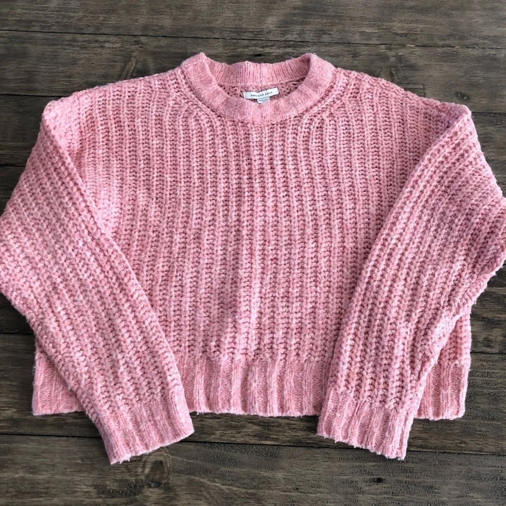 American Eagle Size XS‎ Pink Chunky Knit Crewneck Sweater Pullover Cozy Boxy Fit